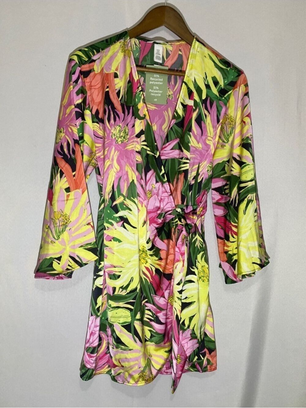H&M Pink, Yellow & Green Tropical Wrap Mini Dress XS - Picture 2 of 6